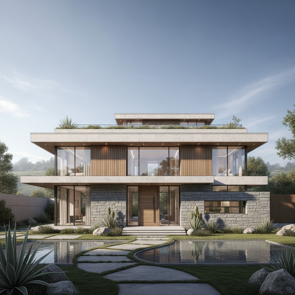 Una moderna villa a due piani con grandi vetrate, rivestimenti in pietra e legno, e un sentiero in pietra che attraversa uno specchio d'acqua in giardino.