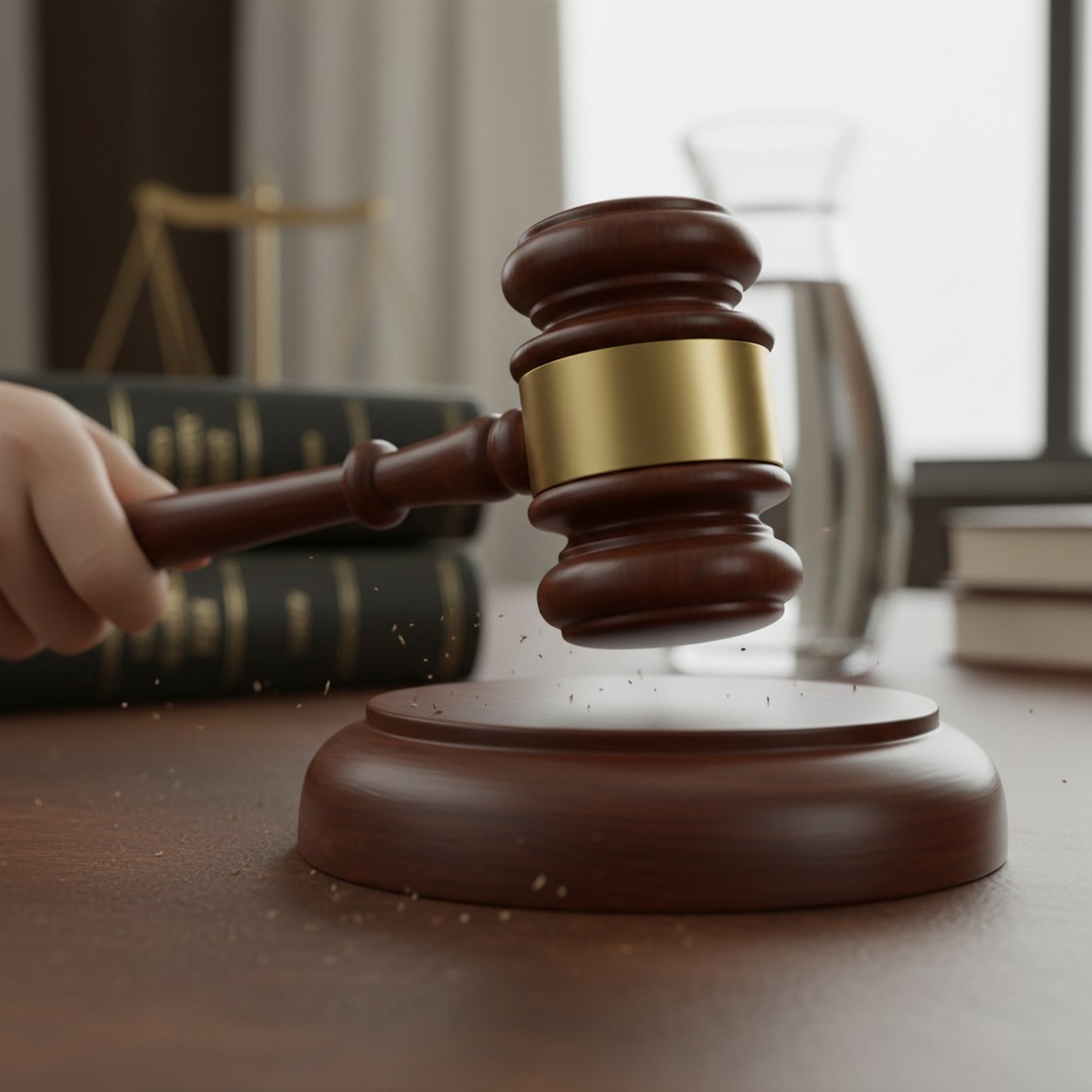 Un giudice colpisce la base di legno con un martelletto in un'aula di tribunale.
